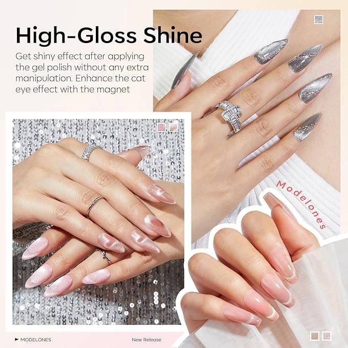 Modelones Cat Eye Gel Nail Polish Set, Holographic Glitter 6 Colors with Magnet Sparkle Galaxy Series Nude Pink Gel Polish Soak Off Led Gel Polish Kit Nail Art Gel Manicure Salon DIY Gifts