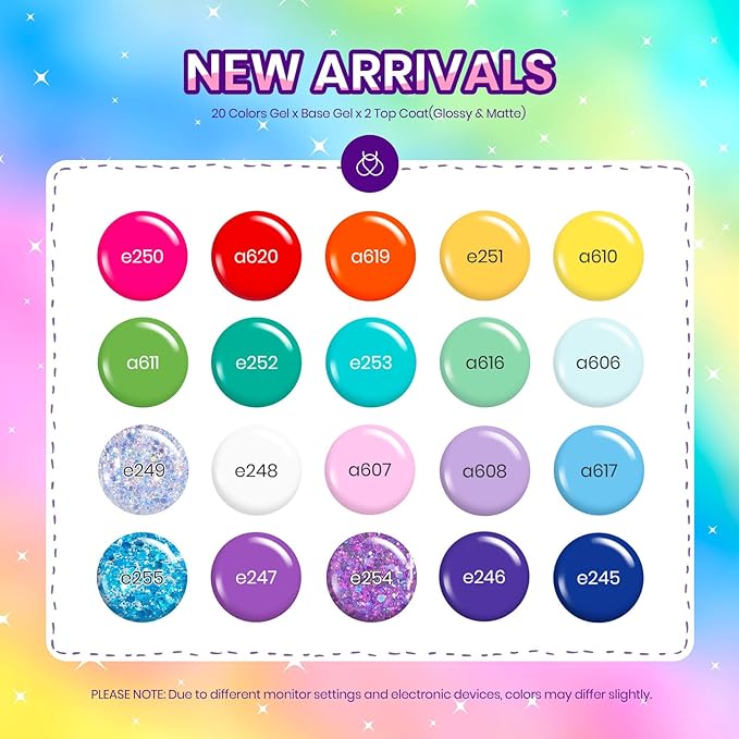 Beetles Neon Gel Nail Polish Set, 24 Pcs Purple Blue Hot Red Gel Nail Polish Green Glitter Gel Polish Unicorn Collection Soak off UV with Glossy & Matte Top and Base for Women