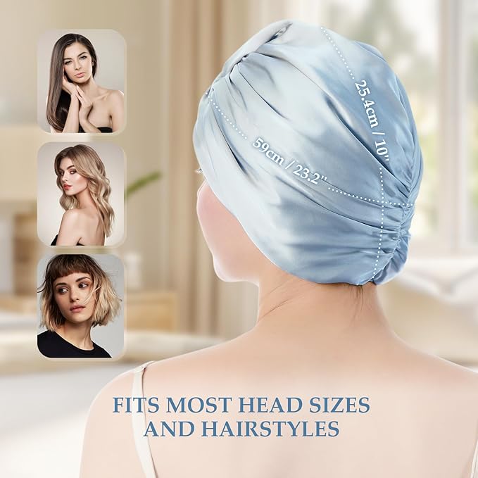 Silk Bonnet for Sleeping Women, 100% Mulberry Silk Sleep Cap with Elastic Band, Real Mulberry on Both Sides, Light Blue