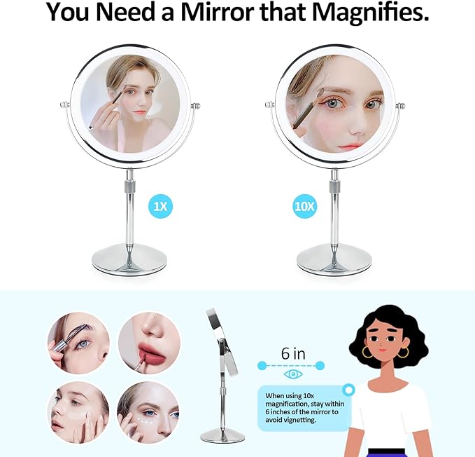 8" Makeup Mirror with Lights, Rechargeable 1x/10x LED Lighted Magnifying Mirror with 3 Colors, 360° Rotation Rechargeable Double Sided Mirror, Touch Dimming, Adjustable Height