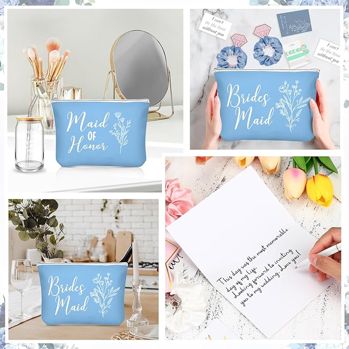 Irenare 36 Pcs Bridesmaid Proposal Gifts Bridal Shower Gifts 16 oz Glass Cup Cosmetic Makeup Bags Invited Cards Scrunchies Hair Knotted Bracelets Diamond Pens Favors for Wedding (Blue)