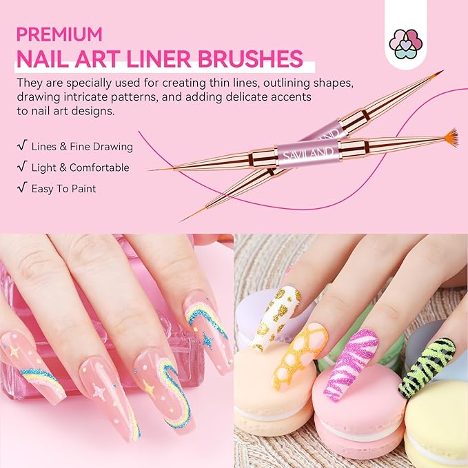 Saviland 6Pcs Nail Art Brushes with Cap – 12 Nail Design Brushes for Nail Art Double-End Gel Nail Brush Multifunctional Nail Brush Nail Art Liner Brush Dotting Tools for Home Manicure, Christmas Gifts