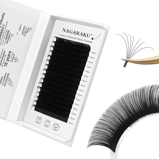 NAGARAKU Individual Eyelash Extensions, Luxury Collected Classic Single Lashes Upgraded 3rd Generation Soft Natural Beauty Salon Professional Lash Supplies 16 Rows Matte Black -0.12 D Curl 15mm