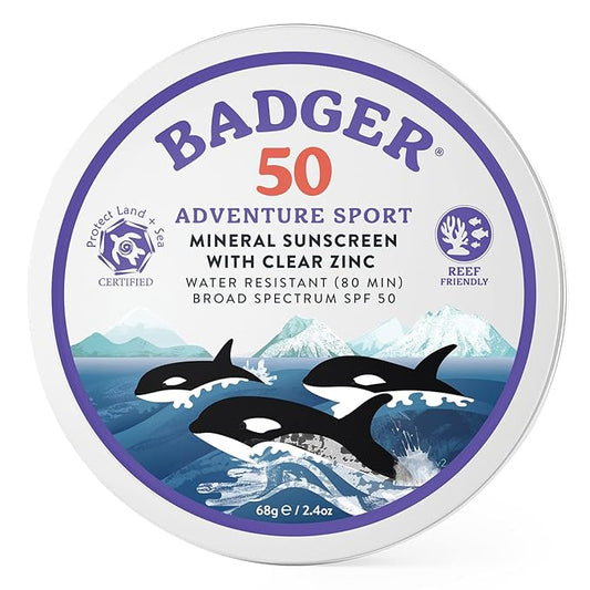 Badger Biodegradable Reef Safe Sunscreen, SPF 50 Mineral Sunscreen, 98% Organic Ingredients, Unscented, Water Resistant Adventure Sport Sun Cream, Travel Size 2.4 oz Tin
