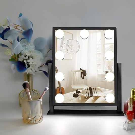 10" x 12" Vanity Mirror with Lights, 360°Rotation Tabletop Makeup Mirror with 9 LED Lights Bulbs, Portable Travel Mirror with 3 Color Lighting Modes, Mirror with Lights for Bedroom, Black