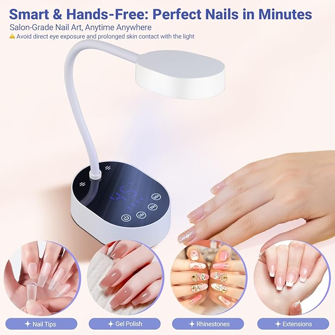 Smart Sensing UV Nail Lamp-Equipped with LED Dual Light Sources(365+405nm) for 10-Second Rapid Curing.Features Three Timing Settings,Rechargeable,and a 360-degree Adjustable Neck.