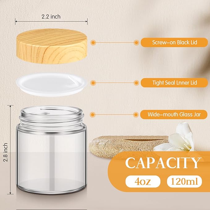 Norme 12 Pcs Glass Jars with Lids Empty Small Glass Containers and Inner Liners Reusable Cosmetic Jars Round Airtight Bottles with Plastic Woodgrain Lids for Travel (4oz)