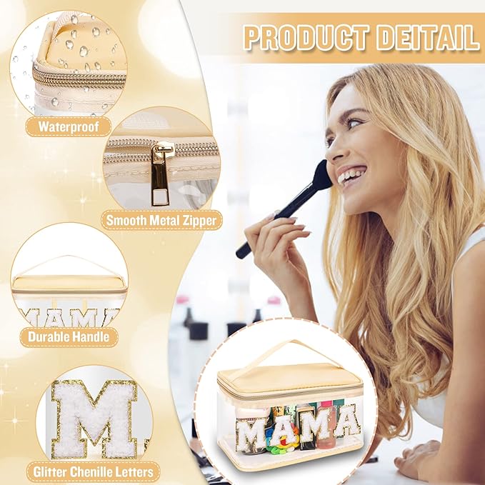 Chenille Letter Clear Makeup Bags Mama Pouch, Preppy Patch Makeup Bag Zipper with Handle, Transparent PVC & Nylon Waterproof Glitter Cosmetic Handbag Travel Toiletry Storage for Women Girl(MAMA-Beige)