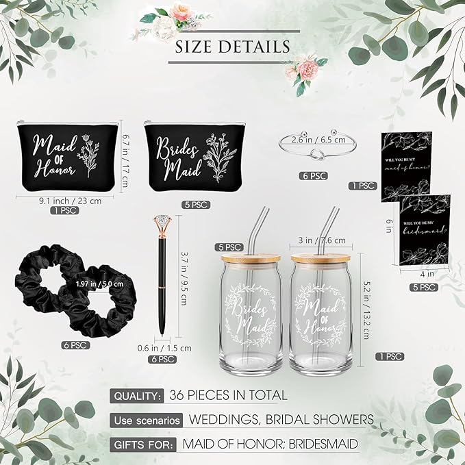 Irenare 36 Pcs Bridesmaid Proposal Gifts Bridal Shower Gifts 16 oz Glass Cup Cosmetic Makeup Bags Invited Cards Scrunchies Hair Knotted Bracelets Diamond Pens Favors for Wedding (Black)