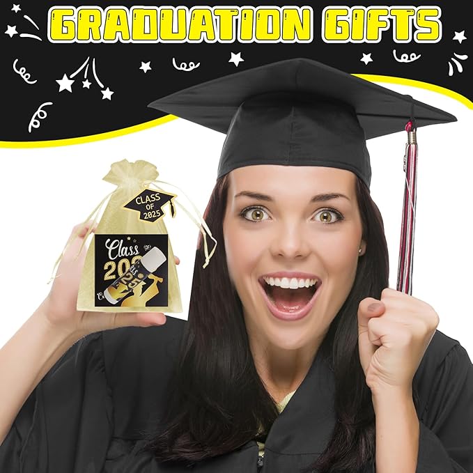 50 Set 2025 Graduation Gift Bulk Lip Balms Class of Graduation Party Favors with 6 Assorted Flavors Inspirational Graduation Gifts with 50 Organza Bags and Cards for Students Graduation Party