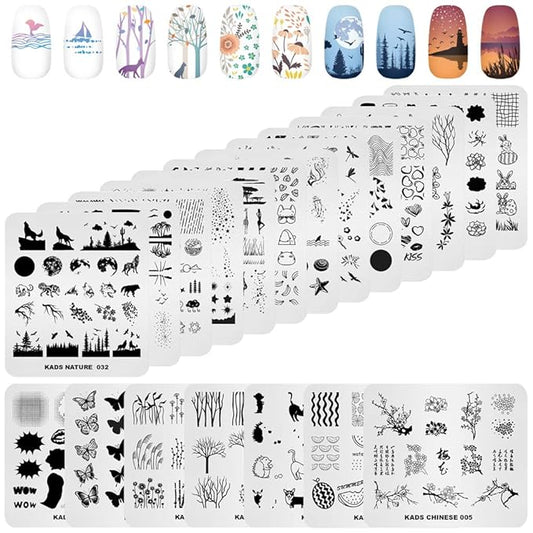 KADS 20pcs Nail Stamp Plates Set - Leaves, Flowers, Animal Nail Art Templates (20 Pcs)