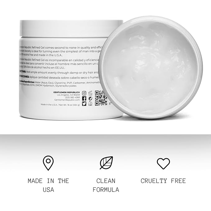 Gentlemen Republic 16oz Refined Hair Gel for Men - Premium Men's Hair Styling Product, 24 Hour High Hold & Shine. No Beeswax, Alcohol, or Parabens, Humidity Resistant