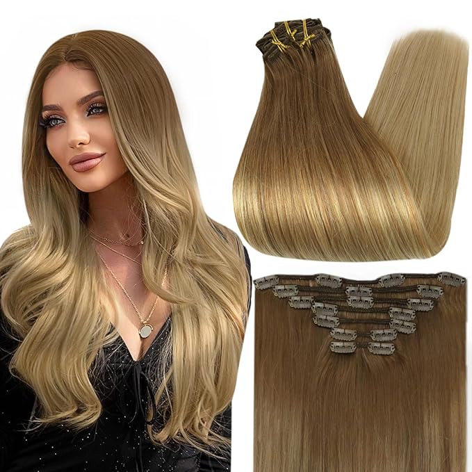 Full Shine Human Hair Clip in Extension 18 Inch Golden Brown Ombre Clip on Hair Extensions for Thinning Hair Golden Brown to Blonde Hair Extensions Clip ins for Women Straight 7 Pcs 120 G