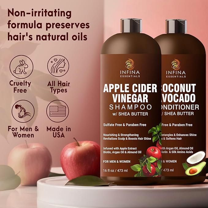 Apple Cider Vinegar Shampoo and Conditioner Set Sulfate Free for Men & Women - Itchy Scalp Shampoo w/Moisturizing Coconut Avocado Conditioner - Loc Shampoo and Conditioner for Dreads, 16 fl oz each