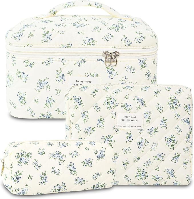Makeup Bag, 3 PCS Quilted Makeup Bag, Cute Floral Cotton Cosmetic Bag set, Coquette Makeup Pouch Large Travel Toiletry Bag