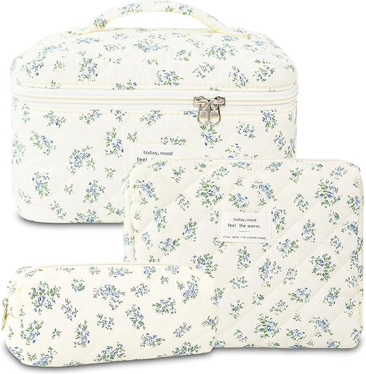 Makeup Bag, 3 PCS Quilted Makeup Bag, Cute Floral Cotton Cosmetic Bag set, Coquette Makeup Pouch Large Travel Toiletry Bag