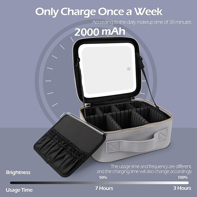 MOMIRA Travel Makeup Bag Cosmetic Bag Makeup Organizer Bag with Lighted Mirror, Adjustable Brightness in 3 Color Scenarios, Waterproof Makeup Train Case, Gift for Women - Grayish