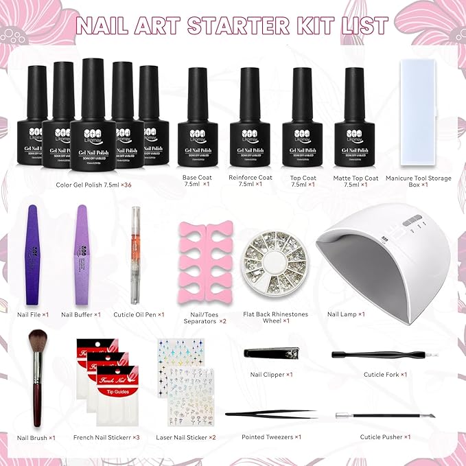 YTD Likomey Gel Polish Starter Kit,36 Colors and 4 Pcs Base Coat and Reinforce Coat Glossy&Matte Top Coat with UV LED Nail Lamp Set,Salon Home DIY Nail Art Manicure Tools Box