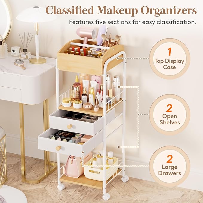 Lifewit Floor Makeup Organizer Storage Cart with Drawers and Wheels, Skincare Cosmetics Organizers with Removable Top Tray, Vanity Organizer for Nail Polish Perfume Makeup Brush, Ideal Gift, White