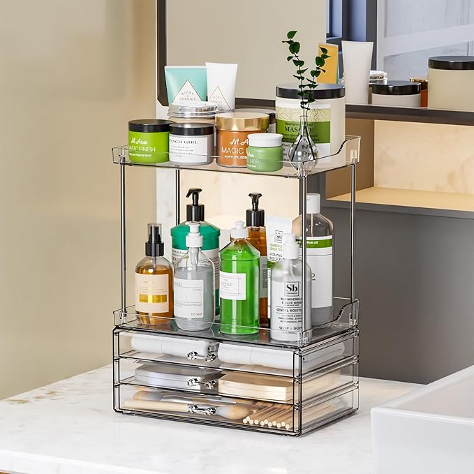 2 Tier 3-Drawer Bathroom Counter Storage Organizer - Stackable Design - 14.4" Tall Large Cosmetic Organizer Suitable as Makeup,Beauty,Face Product,Lotion,Skincare Organizer,Clear