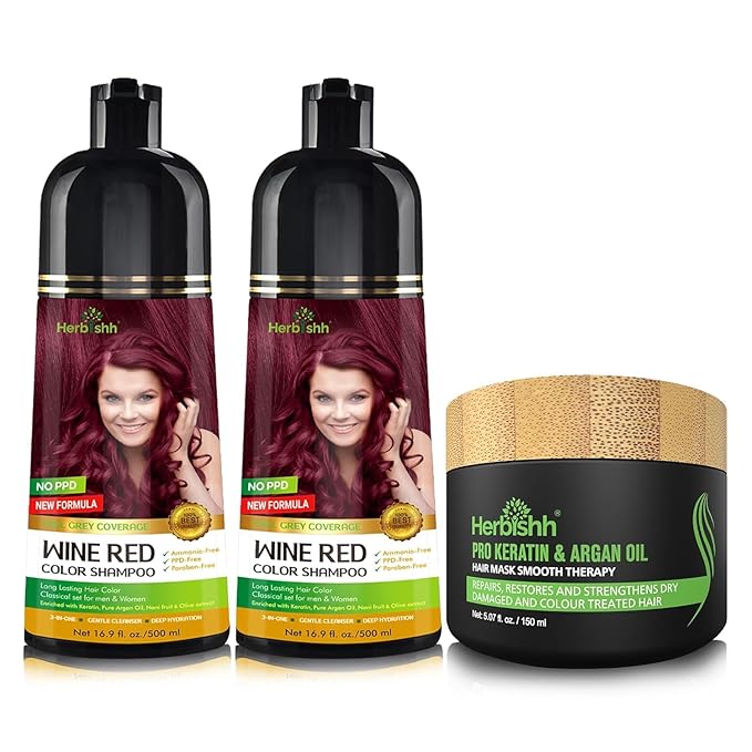 Combo Pack - Herbishh Hair Color Shampoo for Gray Hair + Argan Intense Hair Mask - Hair Dye Colors in Minutes - Long-lasting - 500 Ml - Stimulates Dry, Frizzy Hair (Wine Red)