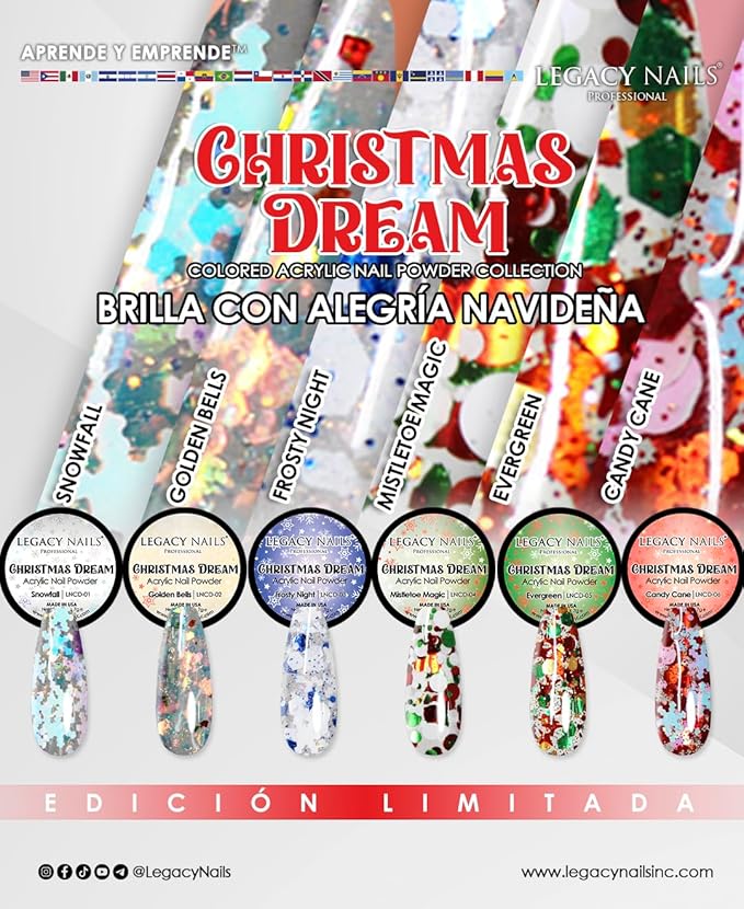 Legacy Nail Acrylic Powder Collections - 6 Colors Professional Nail Art Powder Set Manicure DIY for Dip & Acrylic Nail Extensions (CHRISTMAS DREAM COLLECTION)