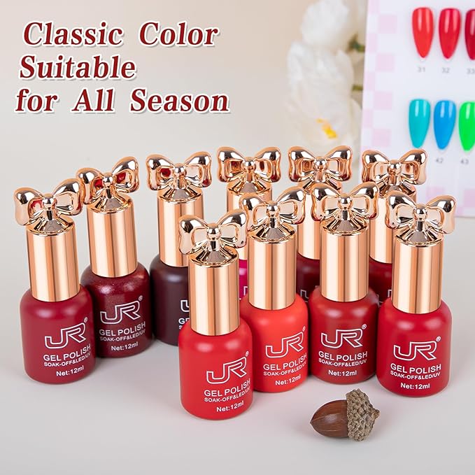 JR 12ml 10colors Red Gel Nail Polish Set Long Lasting Soak off UV Gel Polish Kit Nail Art DIY Manicure Salon Home Gifts for Women D Model