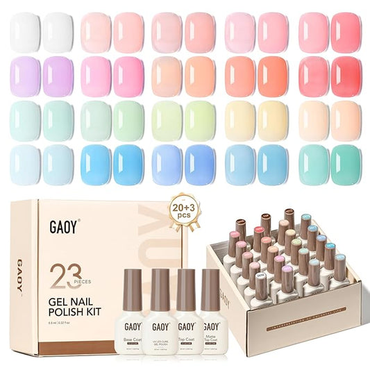 GAOY 23 Pcs Jelly Gel Nail Polish Kit, Transparent Pink Green Blue Purple Nude Colors UV Gel Polish Set with Glossy & Matte Top Coat and Base Coat for Nail Art DIY