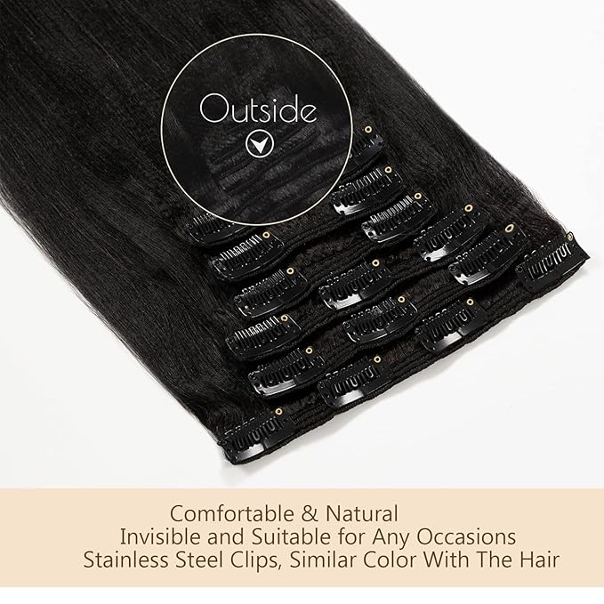 100% Real Human Hair Clip In Hair Extensions Yaki Straight Remy Virgin Hair Clip Ins Italian Thick Straight Full Head Jet Black African Americans For Black Women 7pcs/set 120g/set 14 Inch