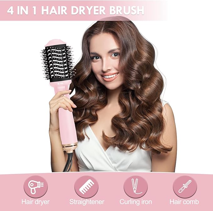 Hair Dryer Brush Blow Dryer Brush in One, 4 in 1 Hair Dryer and Styler Volumizer with Oval Barrel, Professional Salon Hot Air Brush for All Hair Types, Bright Pink