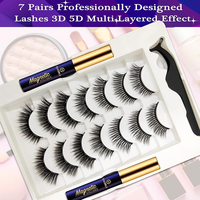 DUOERLA Magnetic Eyelashes - 7 Pairs 3D Medium Magnetic Lashes - 2 Tubes of Liner - Upgraded Natural Look, Long Lasting, Waterproof, Reusable Fake Eyelashes with Applicator - Easy to Apply