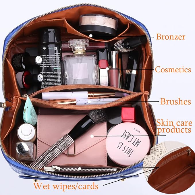 Cessfle Large Capacity Travel Cosmetic Bag Plaid Checkered Makeup Bag Portable Leather Waterproof Skincare Bag with Handle and Divider for Women 01-Blue