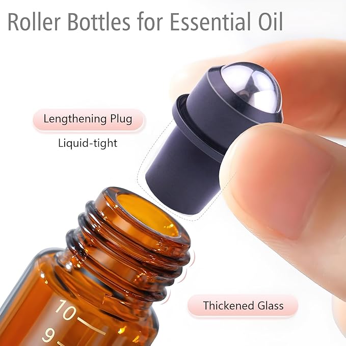 30pcs Essential Oil Roller Bottles, Amber Glass Roller Balls for Essential Oils, 10ml Empty Rollerball Bottles for Travel Refillable Roll on Perfume