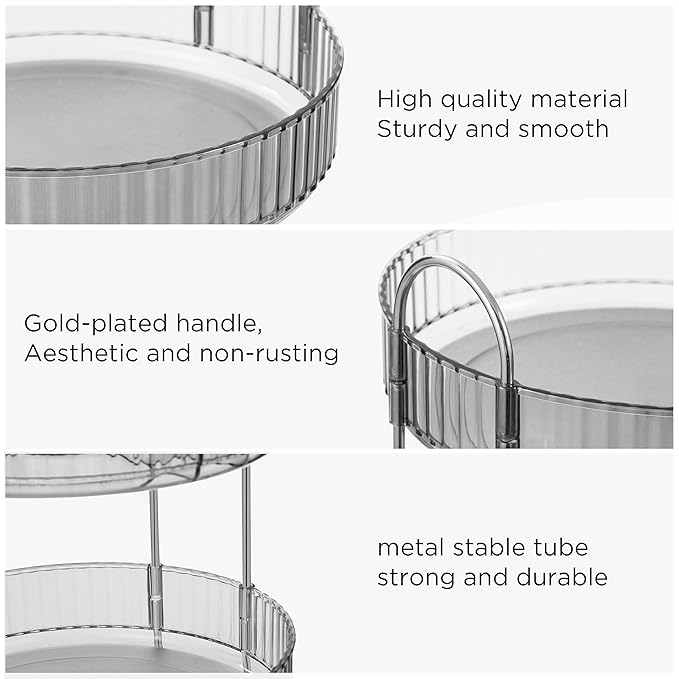 360 Rotating Makeup Organizer Countertop 2 Tier Bathroom Organizer Spinning Perfume Organizers Skincare Organizers Makeup Carousel with Silver Handle Cosmetic Brush Storage, Clear Gray