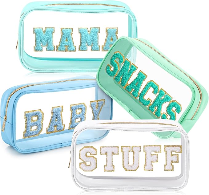 4 Pcs Mama and Baby Toiletry Bag Clear Chenille Letter Pouch Snacks Makeup Stuff Travel Diaper Bag Preppy Transparent Pouch with Zipper for Women Gift(Fresh Color)
