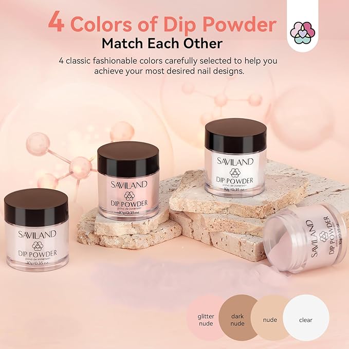 Saviland Dip Powder Liquid Set and Dip Powder Nail Kit French Nail Starter Set:12pcs Keratin Clear Nudes Glitter Nudes Dipping Powder Dip Base Top Coat Nail Activator Dip Powder Liquid Set