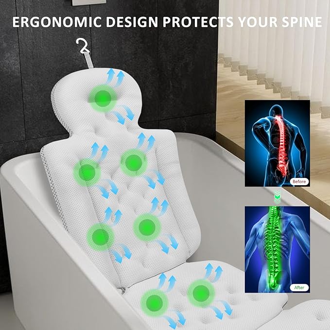 Luxury Full Body Bath Pillow for Bathtub, Bath Pillows for Tub with Mesh Laundry Bag & Non-Slip Suction Cups, Cushion for Bathtub Headrest Neck Back Support - 5D Air Mesh & Quick Drying | White