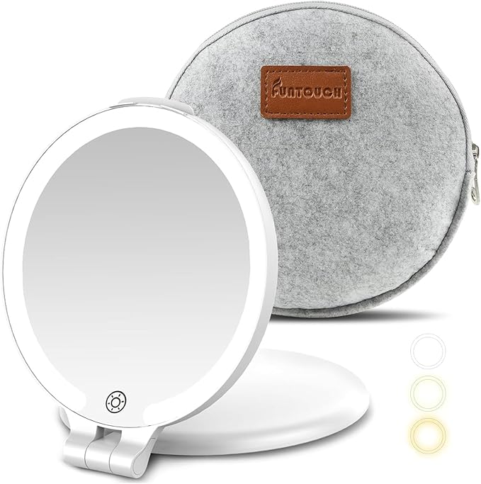 FUNTOUC Magnifying Mirror with Light, 1X/10X Double Sided Magnification Makeup Vanity Mirror with 3 Color Setting, Chargeable Foldable Portable Travel Essential Vanity Mirror with Bag