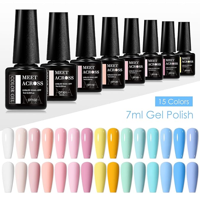 MEET ACROSS Pale Gel Nail Polish Set 18PCS Nude Gel Polish Kit 15 Colors Macaron Nail Polish Peach Pink Orange Blue Gel Polish Set Spring Summer Gifts for Women