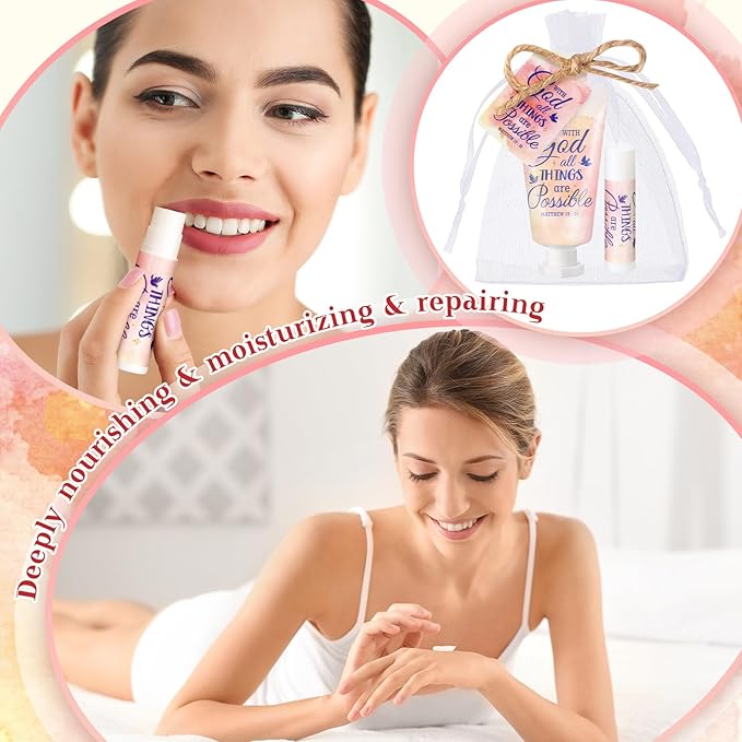 24 Sets Christian Hand Cream and Lip Balm Gift Set Christmas Christian Gift for Women Travel Size Hand Lotion Bible Verse Lip Balm Bulk for Baby Bridal Shower Mom Holiday Gift(Lovely)