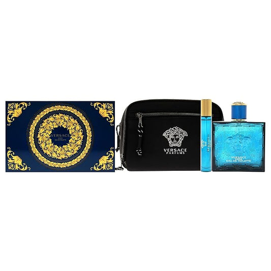 Versace Versace Eros 3.4oz EDT Spray, 0.3oz EDT Spray, Pouch Men 3 Pc Gift Set
