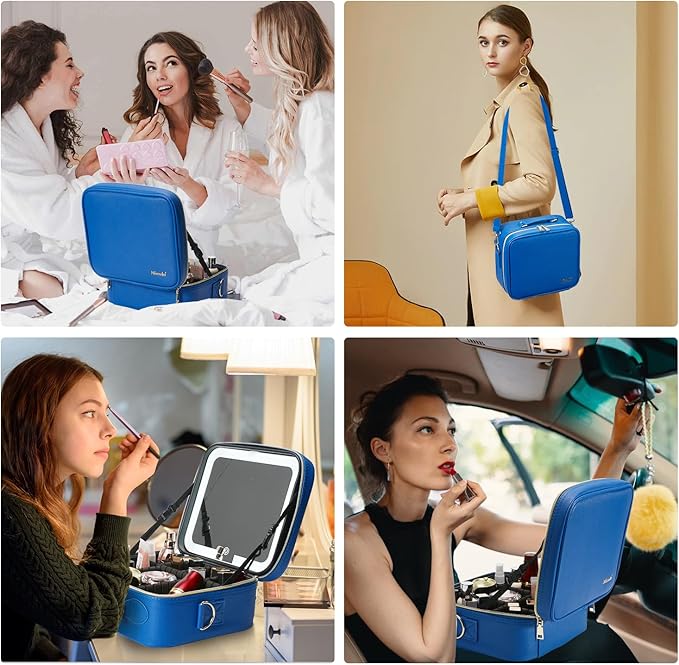 Mocado Travel Makeup Bag with LED Lighted Mirror,Travel Makeup Organizer,Makeup Case with 3 Color Lighted Setting and 10x Magnifying Mirror,Portable Storage and Adjustable Dividers Makeup Box(Blue)