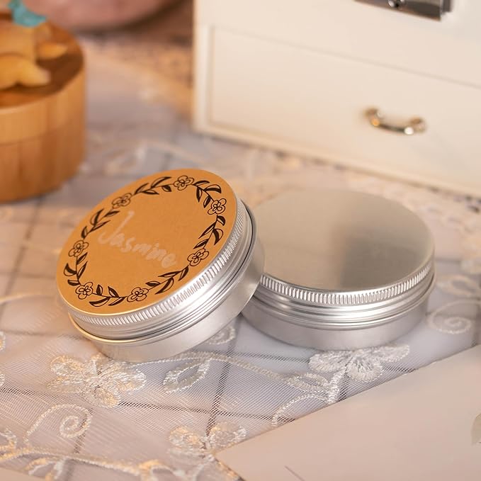 24 Pack 4oz Screw Top Aluminum Tin Jars with Screw Lids and Blank Labels - Refillable 120ml Metal Containers for Lip Balms, Candles, Salves, Spices, Crafts (Silver)