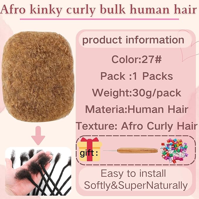 Afro Kinkys Bulk Human Hair for Dreadlock Extensions,Repair Locs, Twists and Braids, 30 Gram Each Package Afro Kinky Bulk 100% Human Hair for Locs (honey Blond, 8inch)