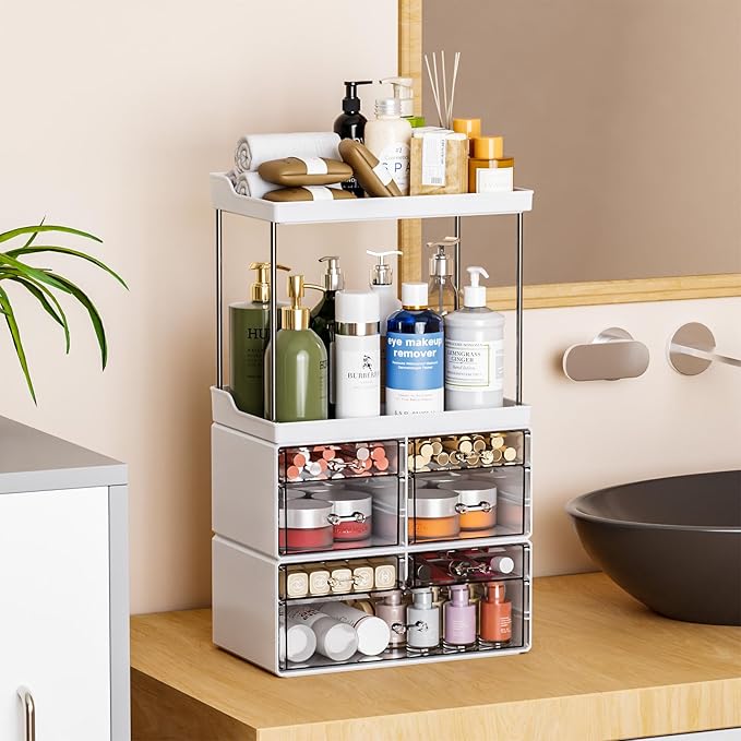 3 Pack Bathroom Organizers and Storage Countertop With 7 Drawers,Stackable Skincare Products Organizers,18.9" Tall Large Capacity Skincare Organizer and Exquisite Top of Dresser Organizer,White