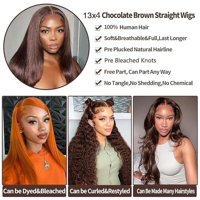 13x4 Lace Front Wigs Human Hair Pre Plucked Brazilian Unprocessed Straight Lace Frontal Wig with Baby Hair Chocolate Brown Colored Glueless Wigs for Women (Chocolate Brown,26 Inch)