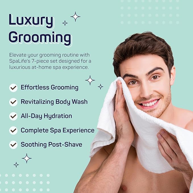 SpaLife 7-Piece Bath and Body Men Grooming Gift Set - 2-in-1 Shampoo & Conditioner, Body Wash, Daily Moisturizer, Post-Shave Lotion, Bath Sponge & Foot Stone for Luxurious At-Home Spa