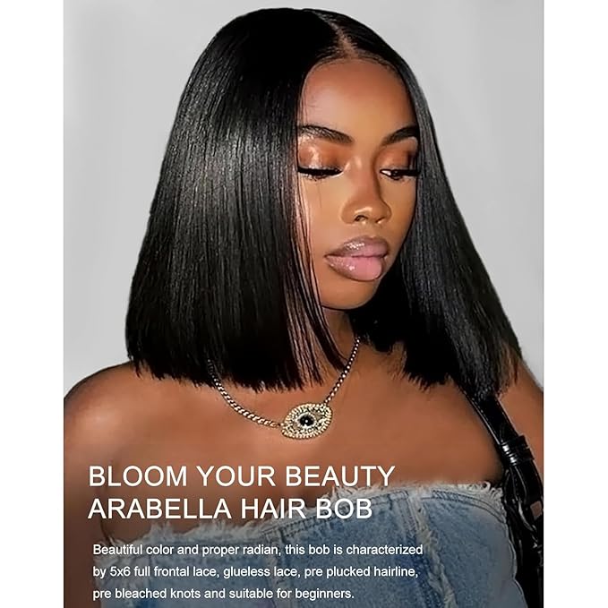 Arabella Hair 5x6 Bob Wig Human Hair Real 210% Density Ready to Go Glueless Wig Human hair 12A Straight Bob Wigs Human Hair Pre Cut Lace Pre Bleached Tiny Knots (12inch, 5x6 Glueless Bob)