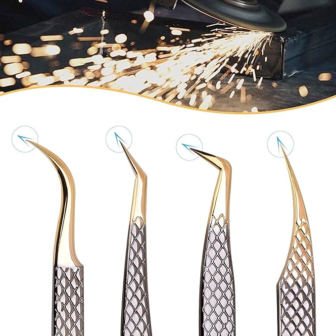 Lash Eyelash Extension Tweezers Set 4Pcs,Professional Eyelash Applicator Tool,Straight and Curved Precision Stainless Steel Tweezers Lash Extension Supplies(Black Gold)