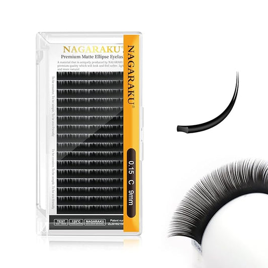 NAGARAKU Double Tips Ellipse Eyelash Extensions Lighter Thinner Flat Split Tips Individual Lash 0.15mm C curl 9mm Matte Black Faux Mink Classic False Lash Supplies 16 Rows